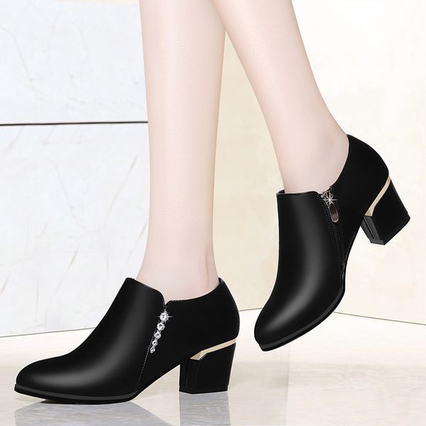 

women autumn shoes med square heel pointed toe fashion deep mouth pumps casual grandma shoes yg-a0002, Black