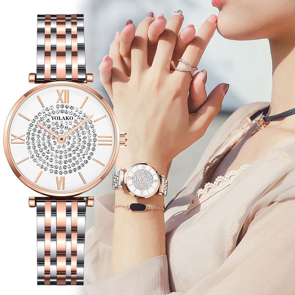 

yolako casual quartz women stainless steel full diamond analog wrist watches glamour fashion ladies watch stainless strap f922, Slivery;brown