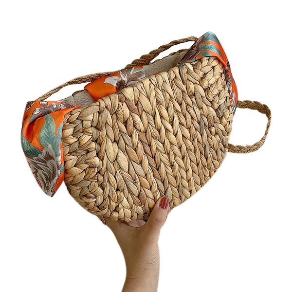 

jhd-new cute gourd grass straw bag shoulder slung woven bags silk scarf bow beach bag for women