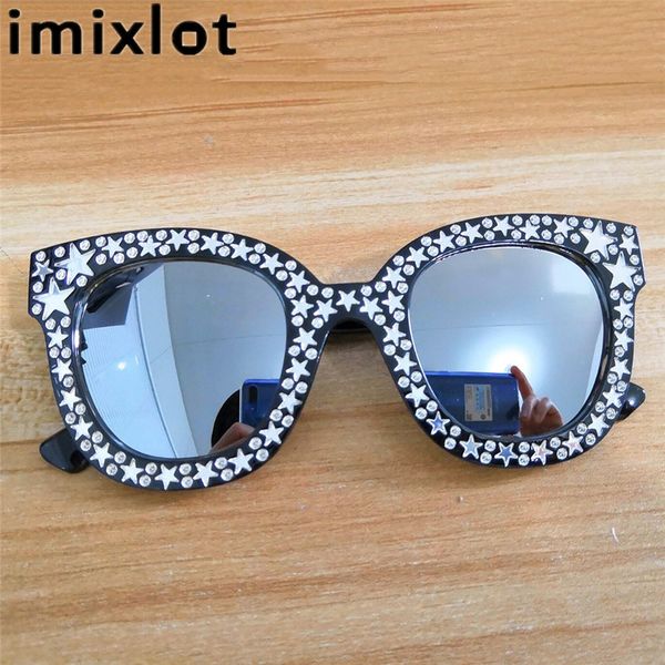 

imixlot 2018 luxury retro sunglasses women crystal cat eye sunglasses mirror retro full star sun glasses female black grey shade, White;black
