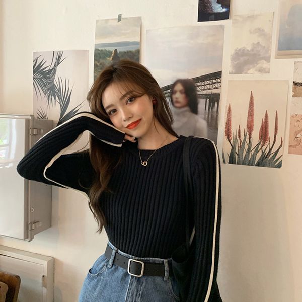 

ins net red models 2019 south korea autumn new sweater casual wind round neck was thin black pit color tight sweater women, White;black