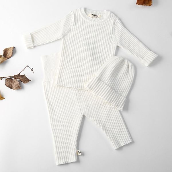 

3pcs/set autumn winter baby girl clothes knit ribbed sweater boys sweaters pants hats bottoming shirt children's clothing 0-3y, White