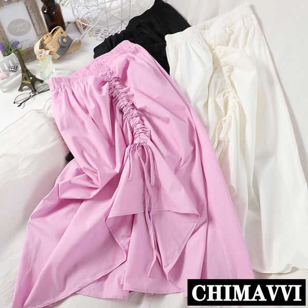 

fashion drawstring irregular skirt women 2020 summer new elastic waist solid sweet calf-length skirt femme, Black