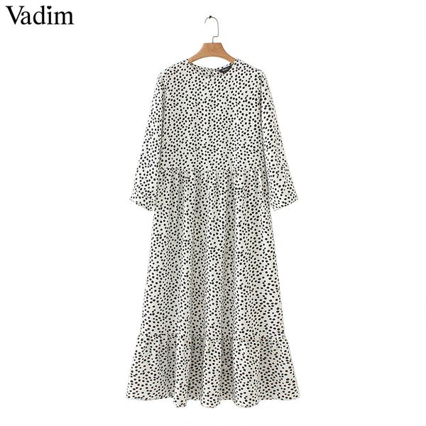 

vadim women dots print maxi dress pleated three quarter sleeve female casual straight dresses chic ankle length vestidos qb260, Black;gray