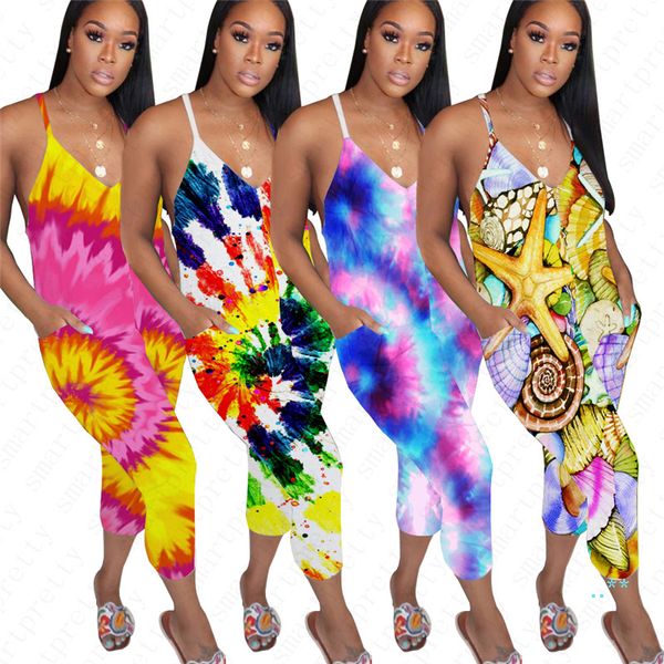 2020 Verão Mulheres Strap Jumpsuit Tie Dye Design Sem Mangas Harem Calças Romper Low V Neck Sexy One Piece Club Club Pano Pano Sportswear D5608