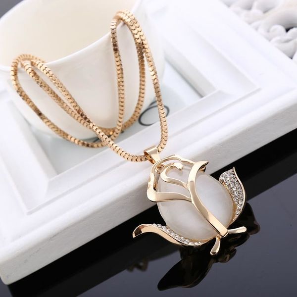 

sale fine jewelry jewelry korean crystal opal pendant necklace rose sweater chain long female ornaments, Silver