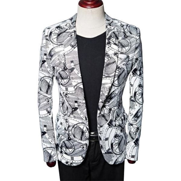

men's clock and watch pattern printing fashion casual suit christmas prom party trendy fashion suit jacket one button slim, White;black
