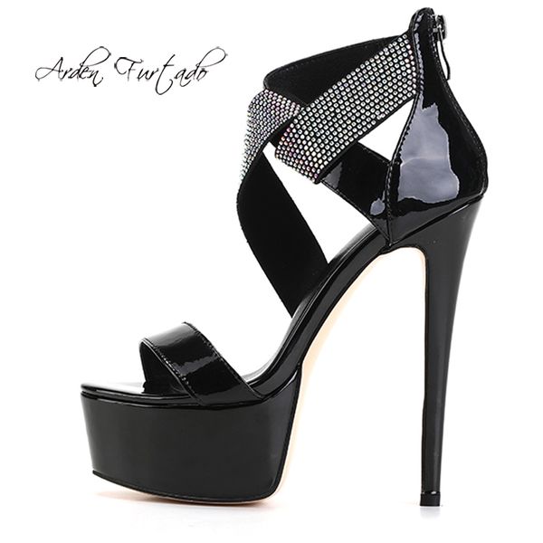 

arden furtado summer fashion trend women's shoes stilettos heels platform elegant pure color sandals back zipper big size45, Black