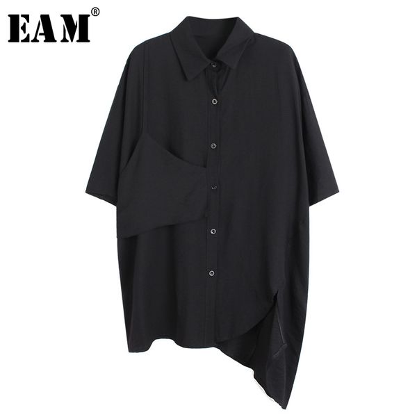 

eam] women black irregular big size blouse new lapel three-quarter sleeve loose fit shirt fashion spring summer 2020 1u398, White