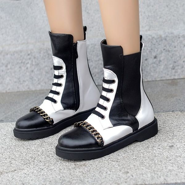 

us4-11 womens round toe punk ankle boots metal chain decor lace up british style shoes match colors motorcycle plus size c814, Black