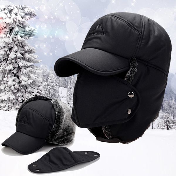 

men's ear protection face bomber hats thicker plus velvet warm woman winter hat resist the snow male bone cap ski hat, Black
