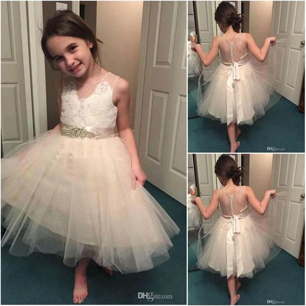 

2019 designer champagne girls dresses sheer jewel neck buttons back lace bodice bow sash tea length girls party gowns, White;blue