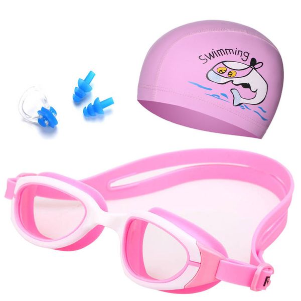 

kids swimming goggles caps ear plug nose clip set girl boy waterproof pool hat diving eyewear cases mask baby swim glasses