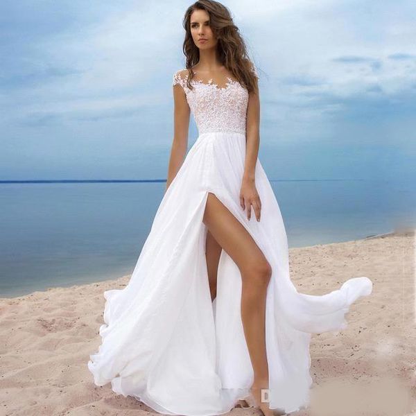 

modest 2020 beach wedding dresses lace cap sleeves chiffon high split lace-up back long bridal gowns custom made china, White