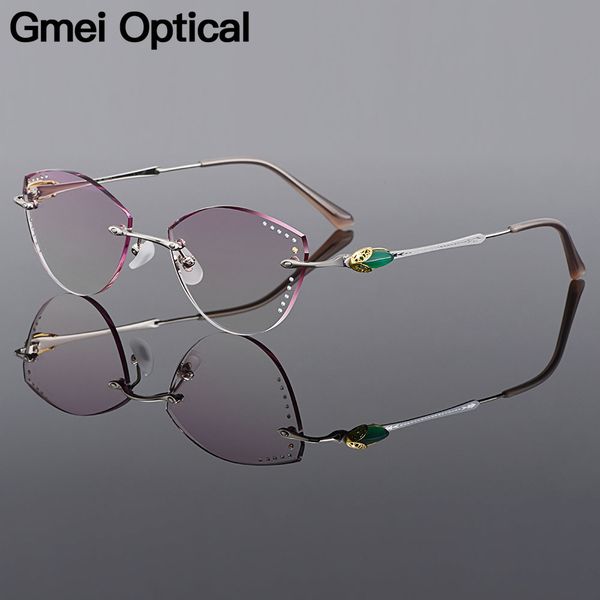 

gmei optical cat eye style pure titanium diamond trimming women rimless glasses frame with gradient tinted plano lenses q26138, Black