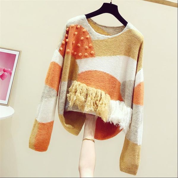 

tassels stitching long sleeves sweaters women 2019 autumn and winter fashion color patch doll sweater pull femme, White;black