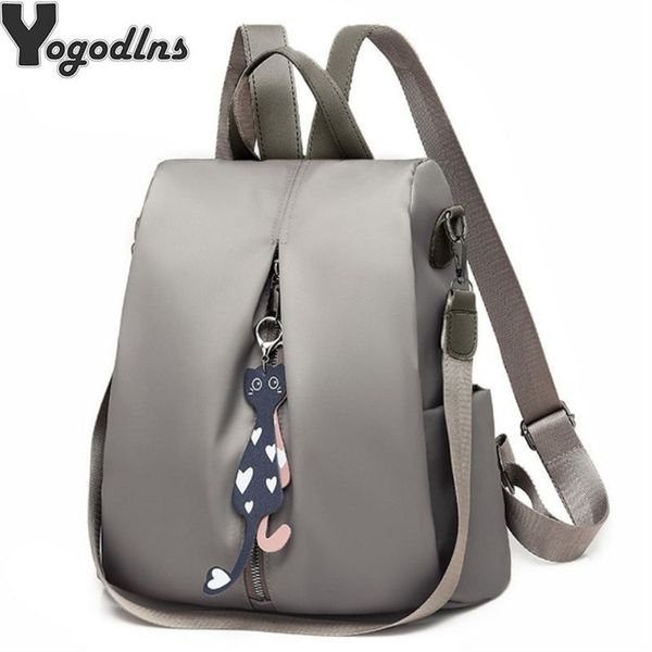 

multi-use nylon backpack solid color large daypack for female bagpack with cat pendant women simple travel shoulder bags pack