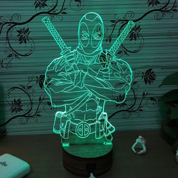 

5 colors wood base ironman batman deadpool 3d table lamp children sleeping night light living room bedroom mood lamp usb charge