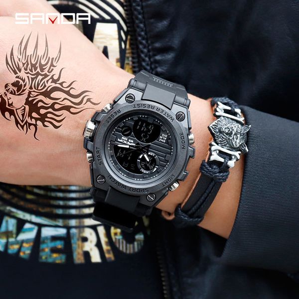 

sanda men watches dual time display sport waterproof wristwatch male clock fashion casual led digital watches, Slivery;brown