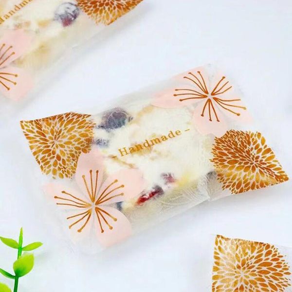 

50pcs/pack thicken frosted diy biscuit bag pink cherry blossoms transparent packaging bags candy baking wedding gift bags