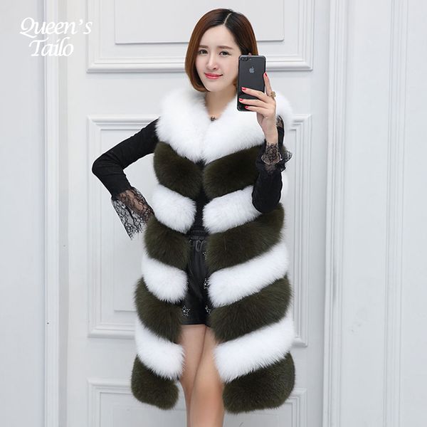 

new woman faux fur vest color patched midi long winter coat fake fur coat, Black