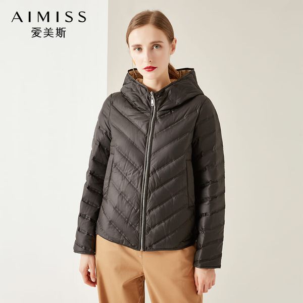 

aimiss brand new women winter down jacket contrast color hooded zippers good quality warm down coat short outwear, Black