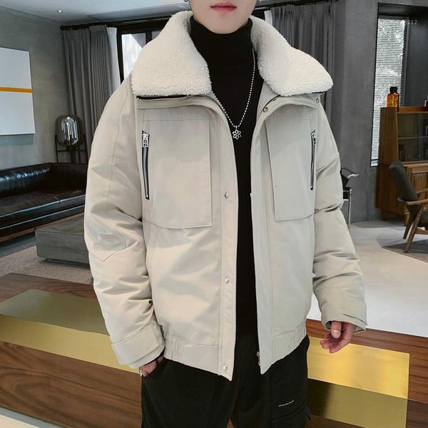 

winter jacket men warm thicken fashion parka men solid color casual fur collar coat man wild loose cotton workwear coat m-5xl1, Black