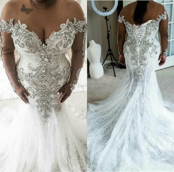 

plus size wedding dresses lace crystal beads sweep length jewel neck mermaid wedding dress custom made appliqued long sleeve bridal gowns 45, White