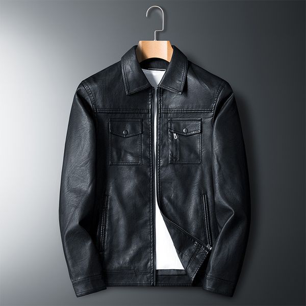 

pu мужская кожаная куртка мужская мотоциклетная куртка 2019 большой размер стенд воротник молния повседневная кожаная куртка, Black