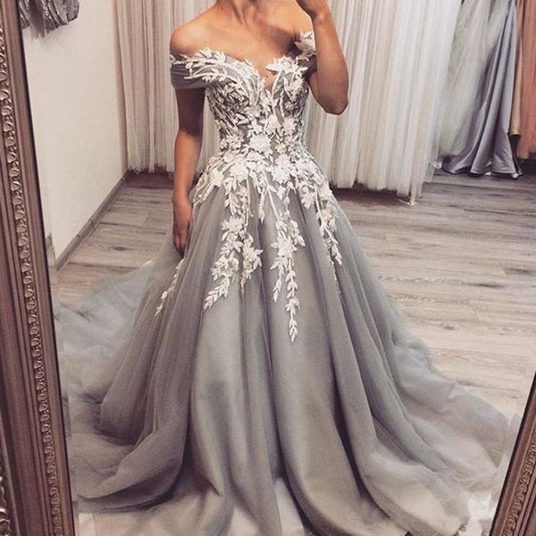 

vintage silver grey wedding dresses off the shoulder lace appliques tulle a line bridal gowns sweep train custom made wedding dress, White