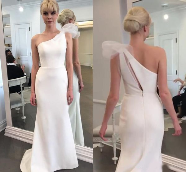 

simple satin mermaid wedding dresses 2020 one shoulder hollow sweep train country garden beach bridal gowns vestidos de novia plus size, White