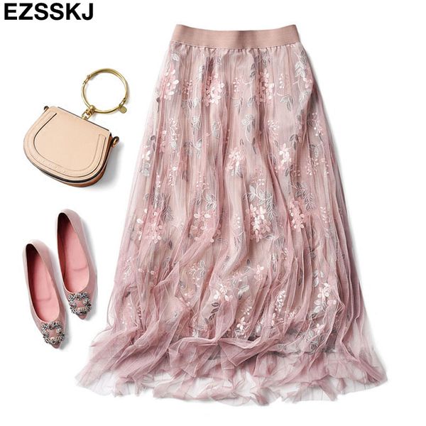 

skirt elegant floral embroidery multi-layer mesh pleated skirt women tutu high waist midi long female, Black