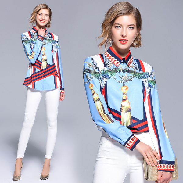

luxury runway women's button front up print collar fall spring blouses aristocrat style office lady ol slim long sleeve shirts, White