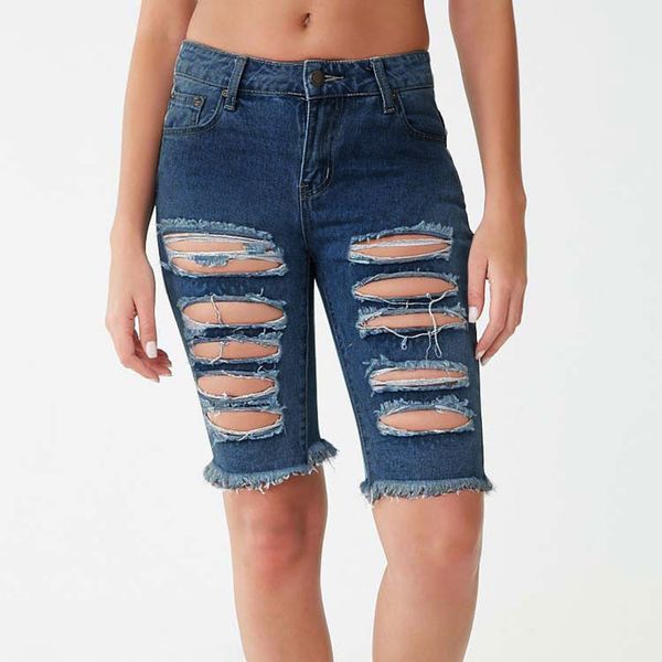 

2019 new instyle women solid high waist jeans hole button pocket slim tassel pirate short ropa de moda para mujer, Blue