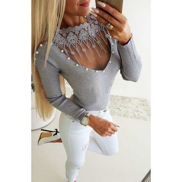 

2019 new women blouses spring autumn fashion v-neck slim long sleeve knitted lace shirt camisa feminina sj1291a, White
