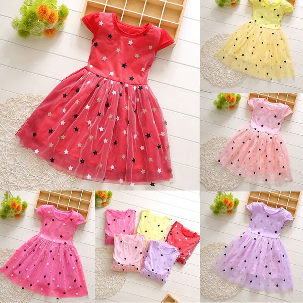 

2019 toddler baby kids girls fashion dress patchwork lace stars tulle princess dresses casual clothes o-neck dress, Red;yellow