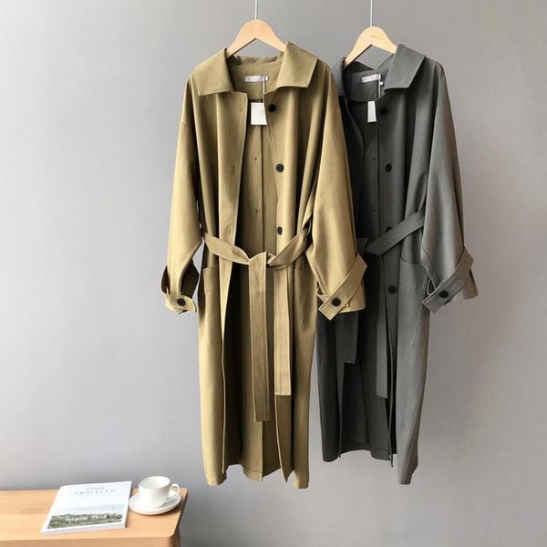 

autumn waist back button casual loose trench coat women clothing oversize adjustable waist vintage outwear, Tan;black