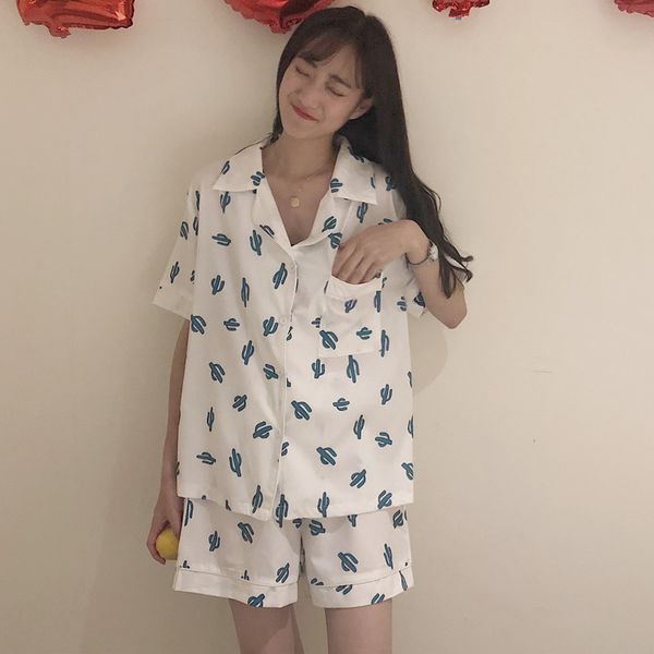 

gagarich sweet print outwear pajama set turn down collar short sleeve single breast + high waist hip wide leg short summer, White