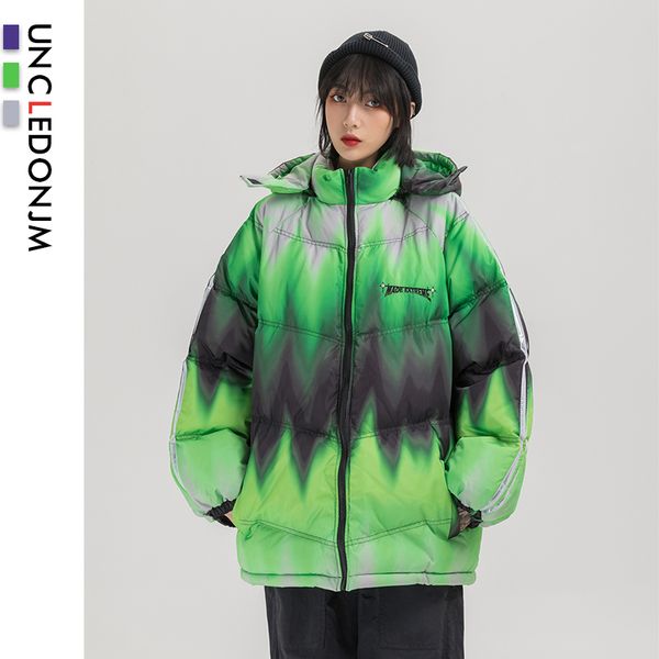 

uncledonjm women reflective stripe tie dye puffer cotton padded removable hooded parkas streetwear hip hop thick parka loose l22, Black