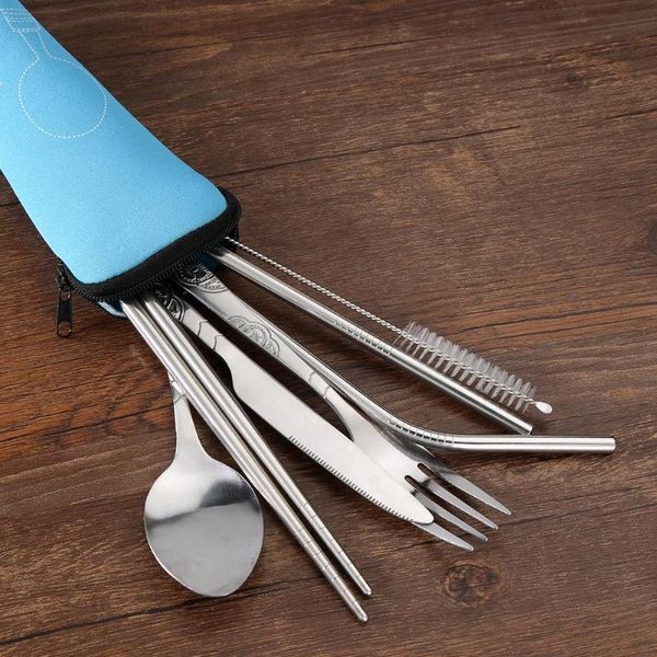

7pcs/set portable outdoor stainless steel spoon fork chopsticks straws cutlery