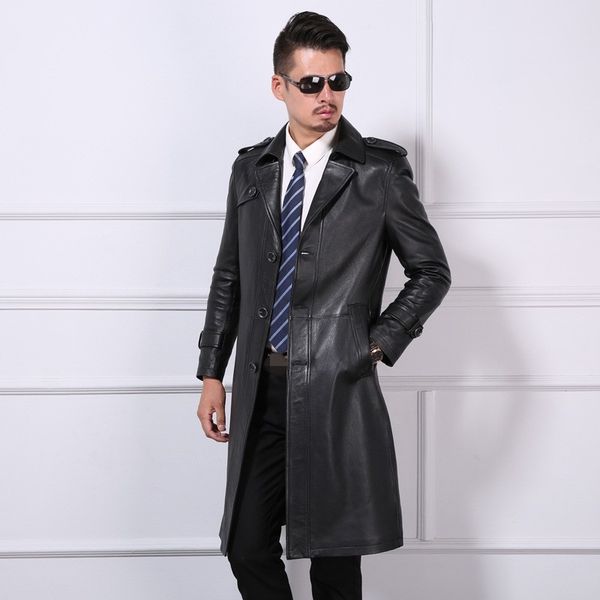 

men's leather & faux luxury mens genuine coat fashion solid lapel collar outerwear male autumn long sheepskin jacket plus size, Black