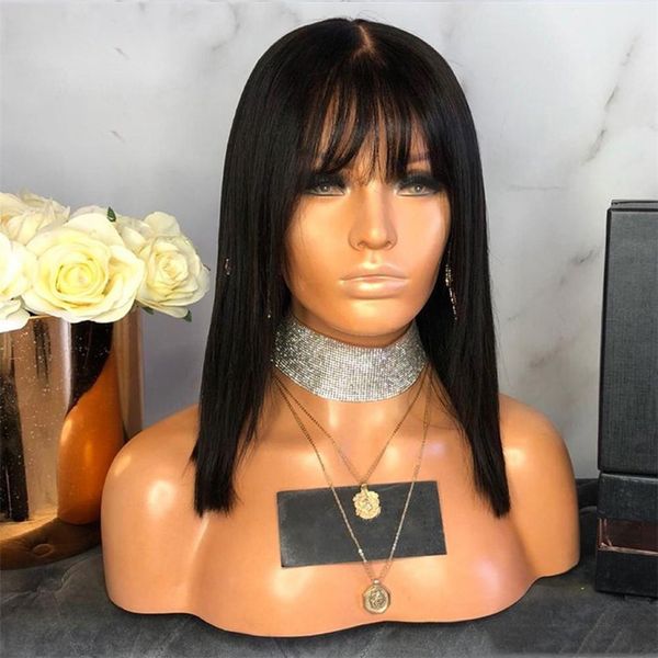 

9 короткая полного шнурок человеческих волос парики с челкой шелковистого прямым preplucked бразильских виргинского фронт шнурка парики для, Black;brown