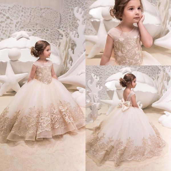 

Champagne Lace Applique Kids TUTU Flower Girl Dresses First Communion Party Prom Princess Gowns Bridesmaid Wedding Formal Occasion Dress 109