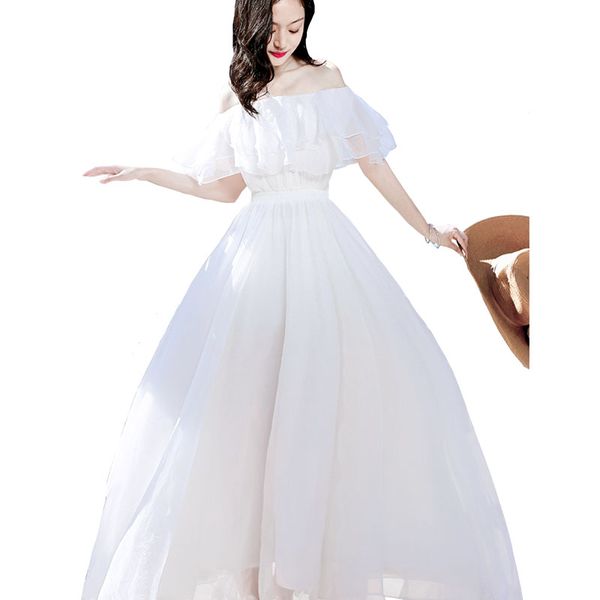 

white vintage dress womens 2019 summer new chiffon loose off shoulder long dress bohemian cascading ruffle long women, Black;gray
