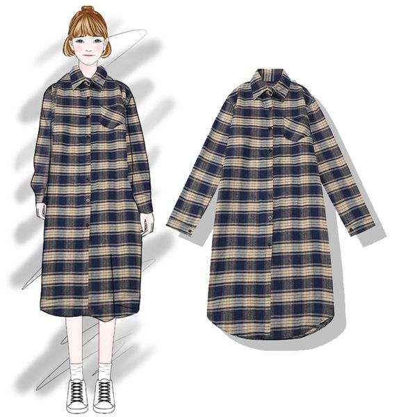 

2019 новой мода женской блузки рубашка с длинным рукавом среднего клетчатой ​​рубашкой длинной женской, White