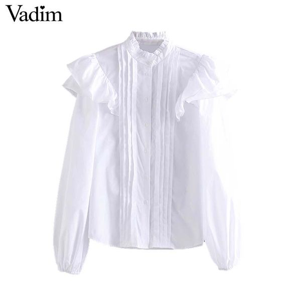 

vadim women cute ruffled white blouses long sleeve ruffled collar preppy style female sweet solid casual blusas lb599