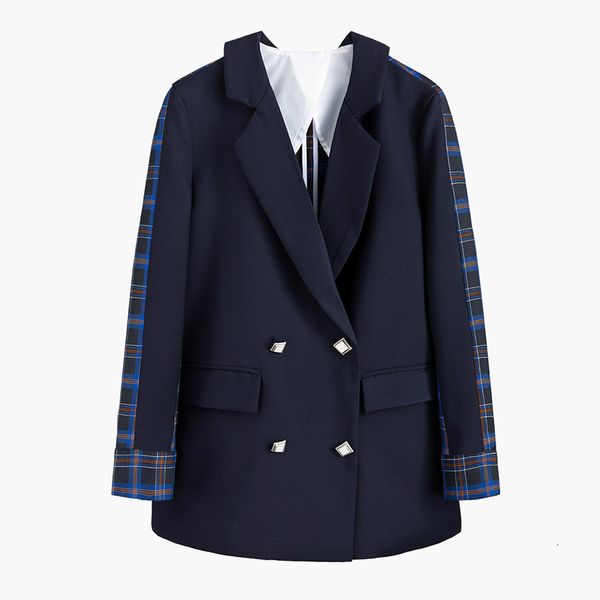 

women back blue plaid bow split blazer new lapel long sleeve loose fit jacket fashion tide spring autumn 2020 1n072, White;black
