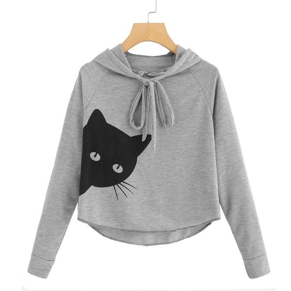 

womens sweatshirt hoodies kawaii cat printing hooded round neck long sleeve short casual jumper pullovers blouse moletom new, Black