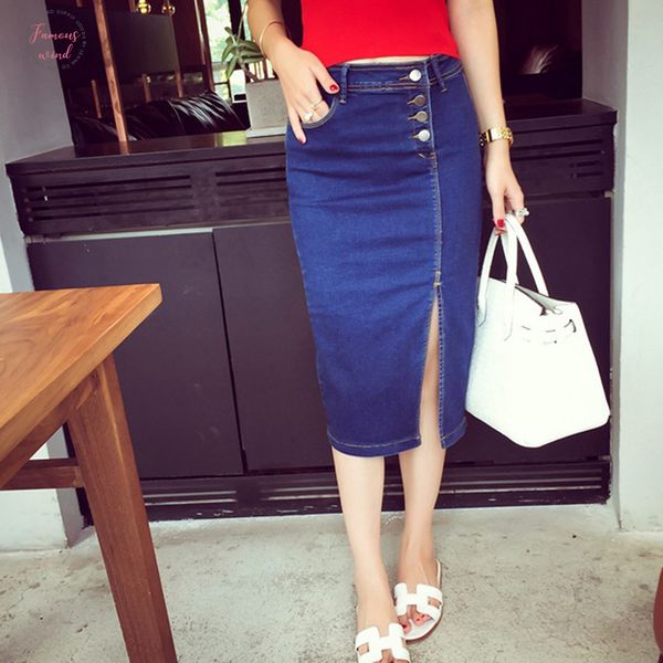 

women lady solid color elasticity split straight slim denim skirt for summer beach party aic88 drop shipping, Black