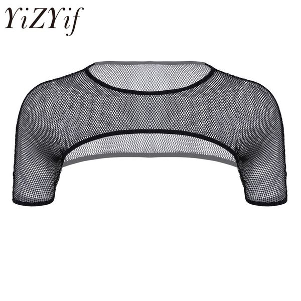 

yizyif cute mens mesh see through fishnet short sleeve shoulder chest muscle half tank party clubwear costume crop top, White;black